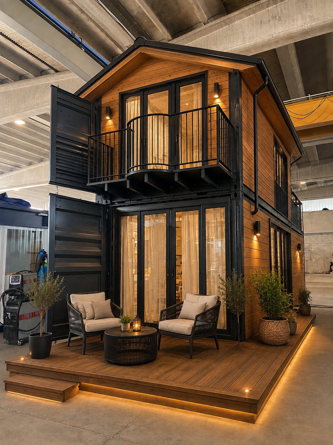 Il container a due piani rivestito in legno con telai neri, balcone e terrazza illuminata con due poltrone, in officina