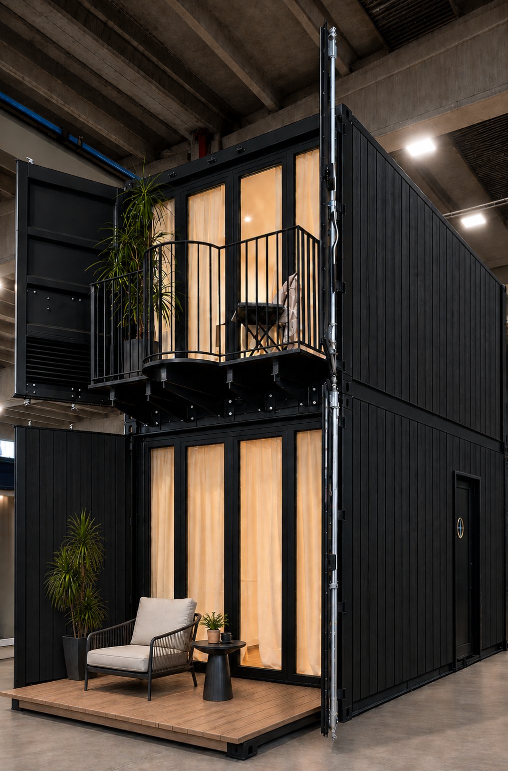 Container KleinCASA a due piani, nero con doghe in legno, balcone e terrazzino con poltrona, in officina