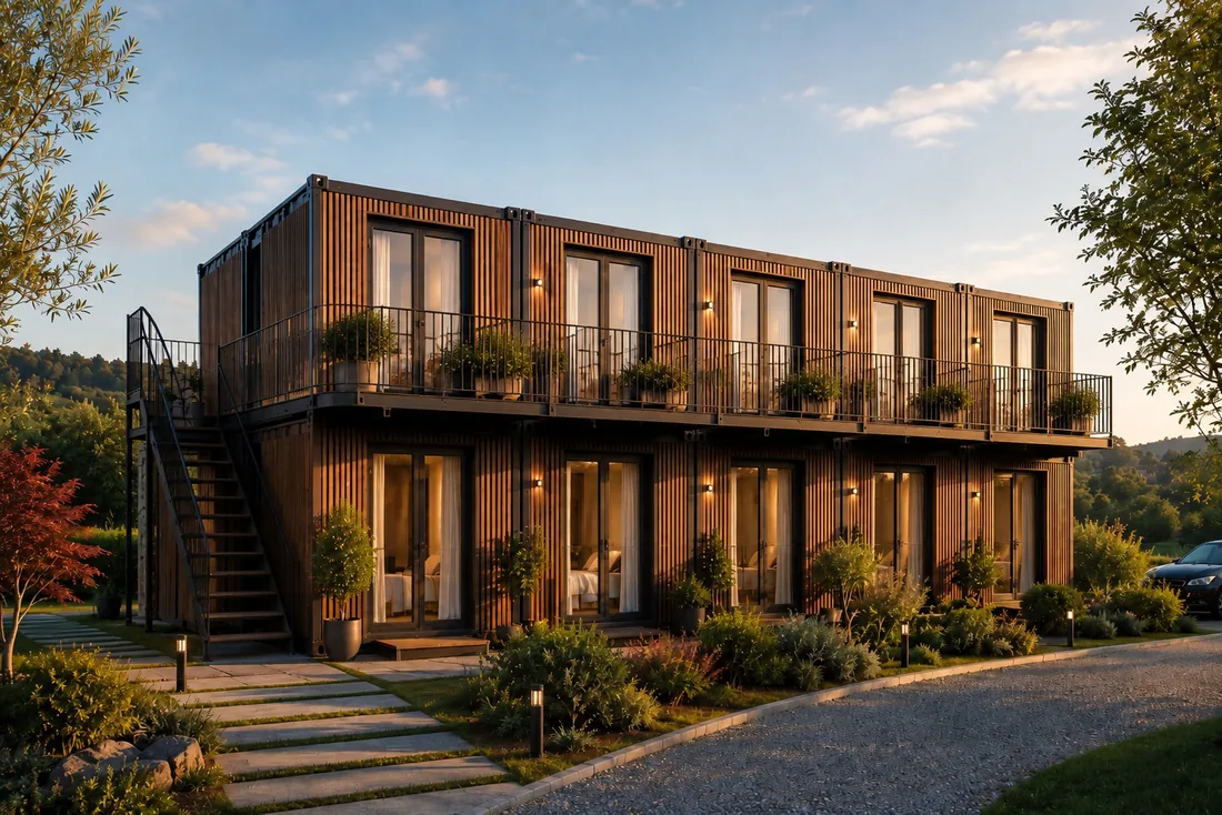 Render di una struttura turistica su due piani in legno, con ballatoio e scala esterna, nel verde