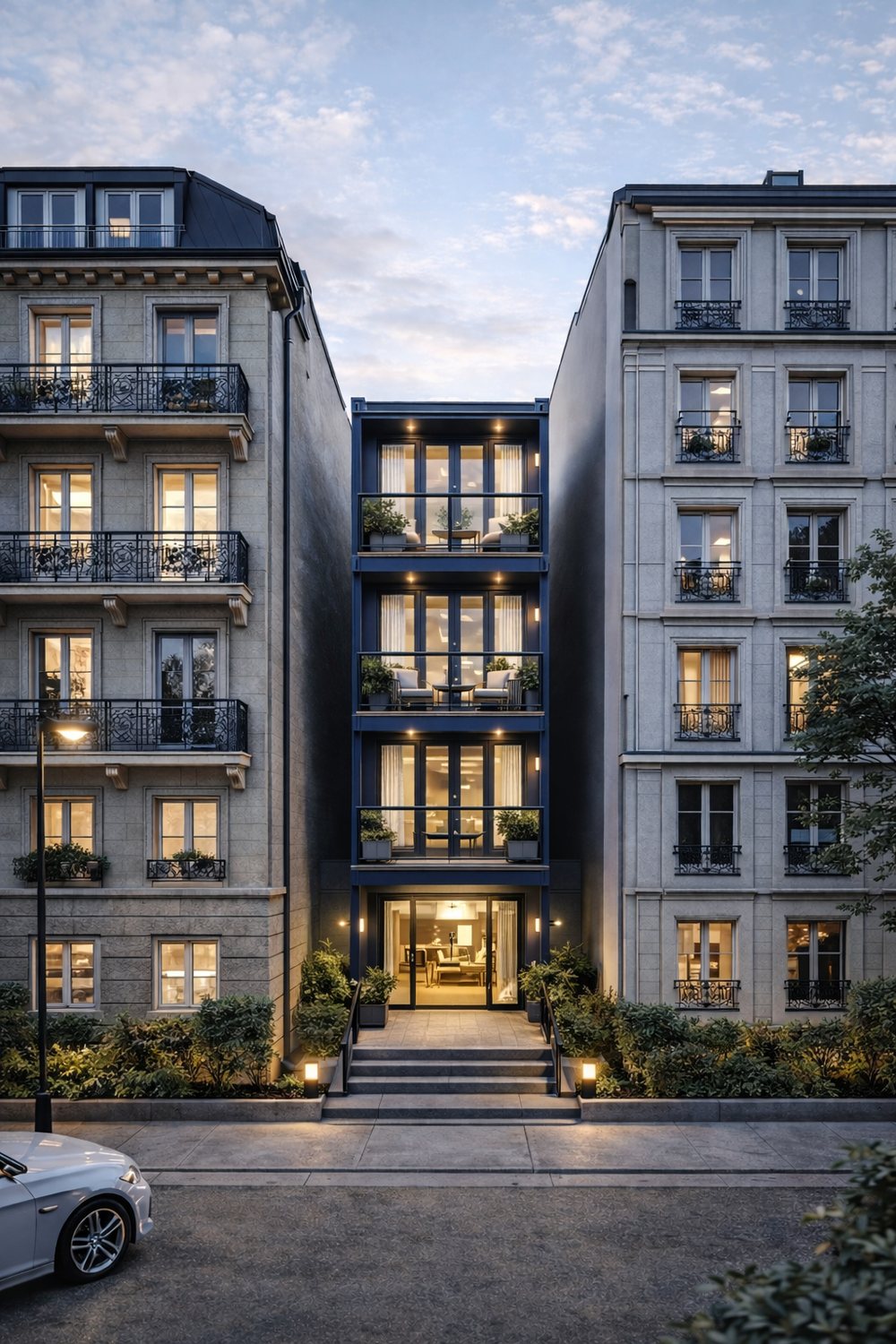 Render di un edificio a più piani incastrato fra due palazzi cittadini, con balconi verdi e ingresso illuminato