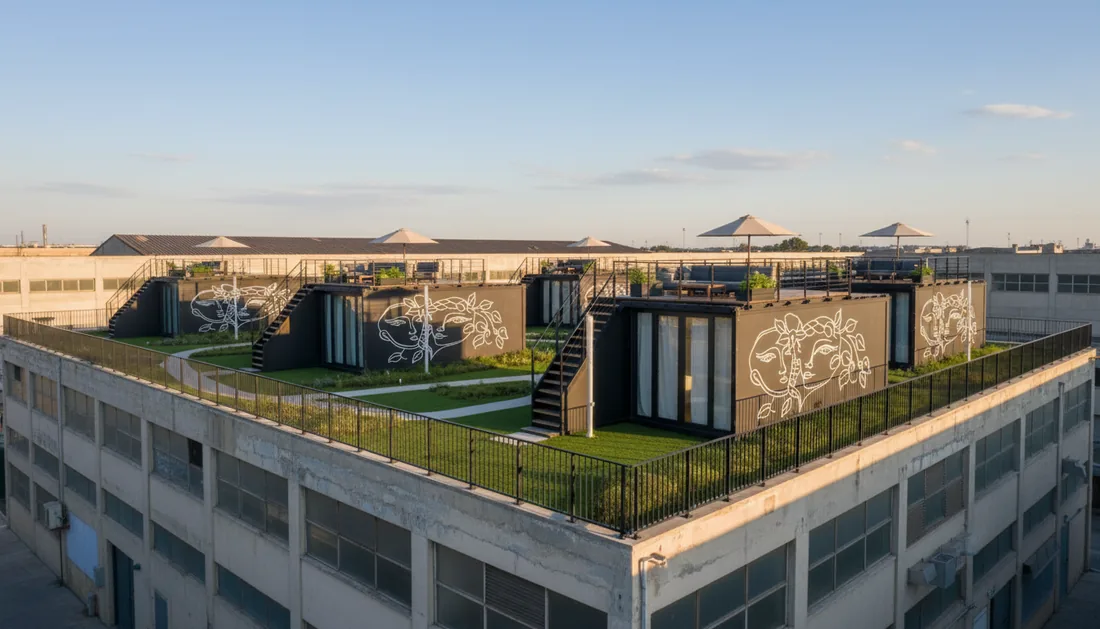 Render di un gruppo di unità con prato e scale sul tetto di un edificio industriale