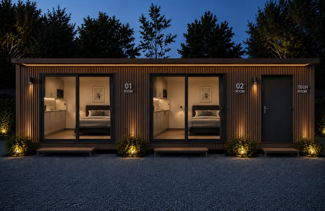 Render di un mini appartamento in legno da 40 piedi al tramonto, con due stanze illuminate e un locale tecnico