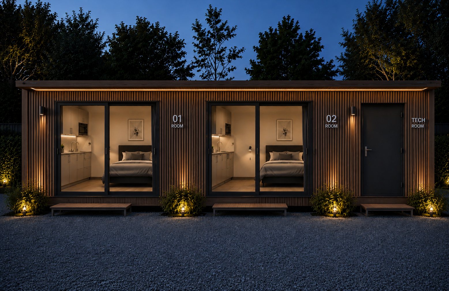 Render di un mini appartamento in legno da 40 piedi al tramonto, con due stanze illuminate e un locale tecnico