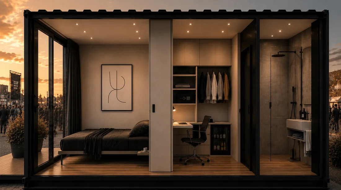 Render in sezione di una mini-suite in un container da 20 piedi: letto, scrivania, armadio e doccia