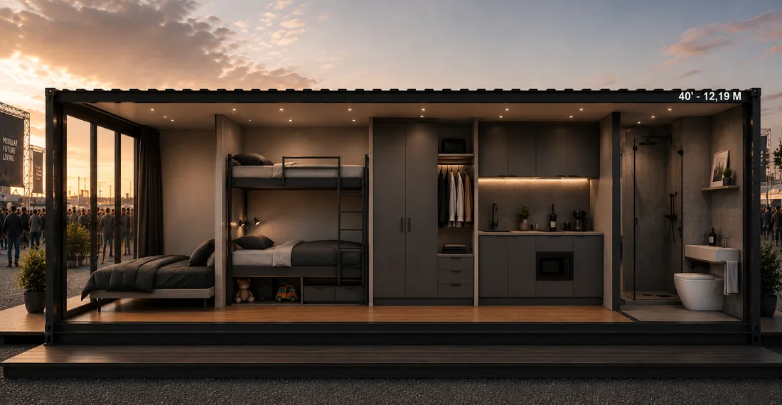 Render in sezione di un container da 40 piedi con letti a castello, armadio, cucina e bagno