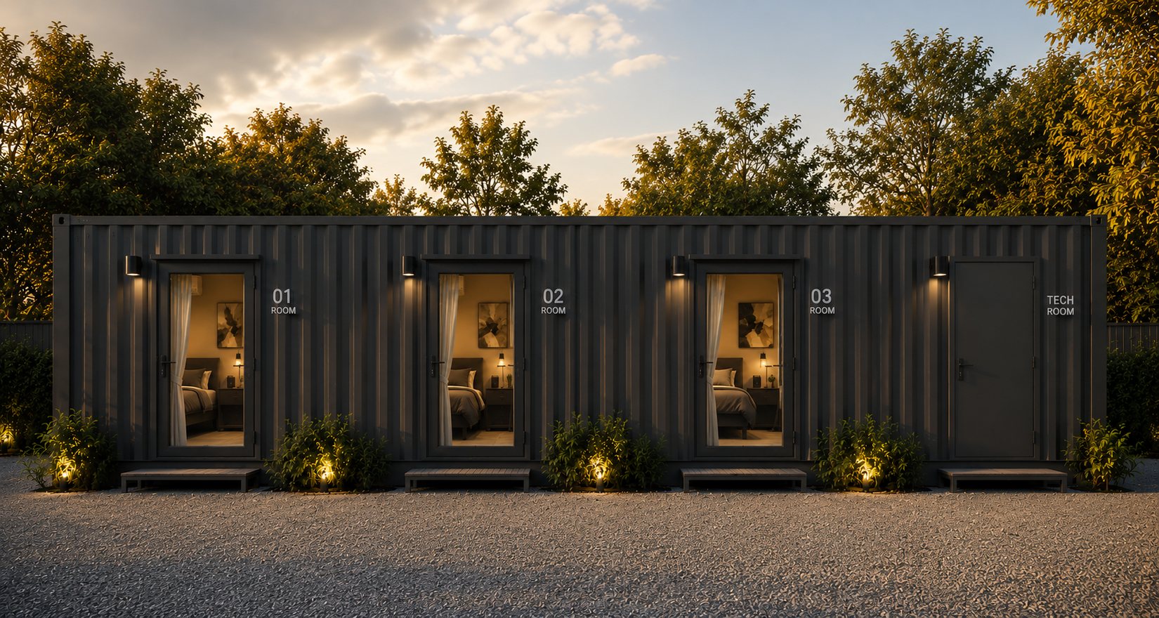 Render di un albergo mobile in un container scuro da 40 piedi con tre stanze e un locale tecnico, fra gli alberi