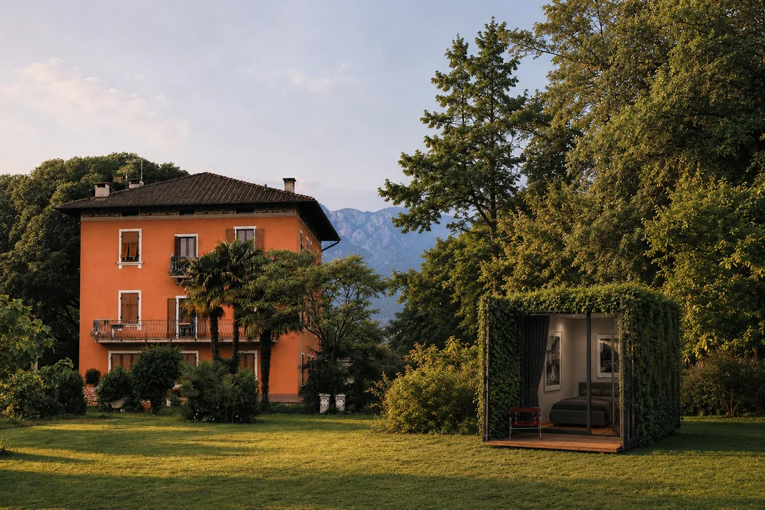 Render di un'unità singola da 20 piedi rivestita di verde nel prato di una villa
